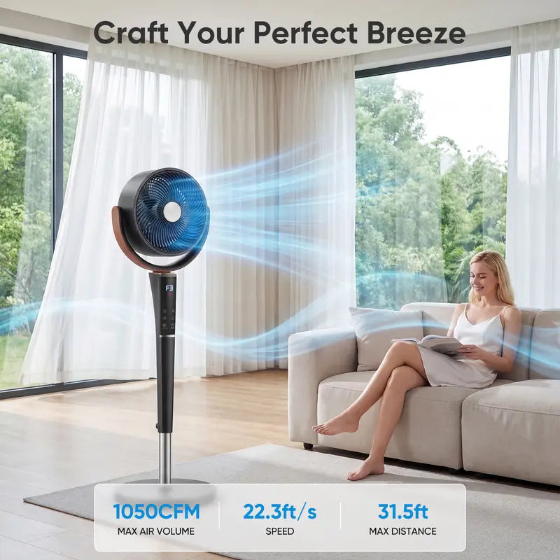 Bedroom Pedestal Fan, Quiet 20dB DC Air Circulator, 15 Speeds 5 Modes, 120° Oscillation, 12H Timer, 1050CFM Airflow, 37-45" Adjustable Height, LED Light, Standing Fan with Remote
