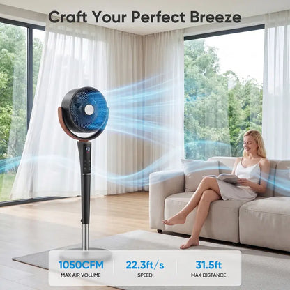 Bedroom Pedestal Fan, Quiet 20dB DC Air Circulator, 15 Speeds 5 Modes, 120° Oscillation, 12H Timer, 1050CFM Airflow, 37-45" Adjustable Height, LED Light, Standing Fan with Remote