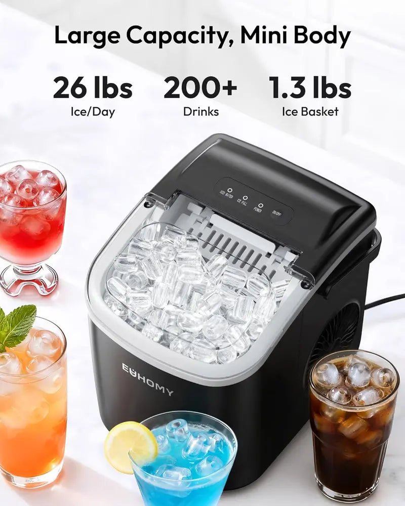 Portable Ice Maker ❄️ | 26lbs/Day 🧊 | 6-Min Fast Ice ⚡ | Self-Cleaning 🧼 | Handle + Basket