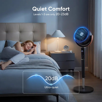 Bedroom Pedestal Fan, Quiet 20dB DC Air Circulator, 15 Speeds 5 Modes, 120° Oscillation, 12H Timer, 1050CFM Airflow, 37-45" Adjustable Height, LED Light, Standing Fan with Remote