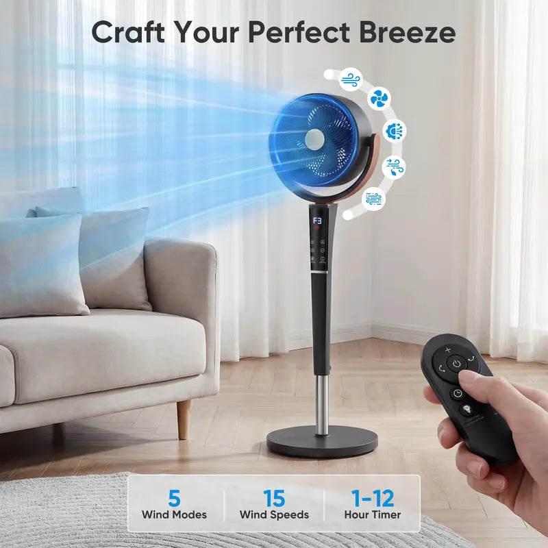 Bedroom Pedestal Fan, Quiet 20dB DC Air Circulator, 15 Speeds 5 Modes, 120° Oscillation, 12H Timer, 1050CFM Airflow, 37-45" Adjustable Height, LED Light, Standing Fan with Remote